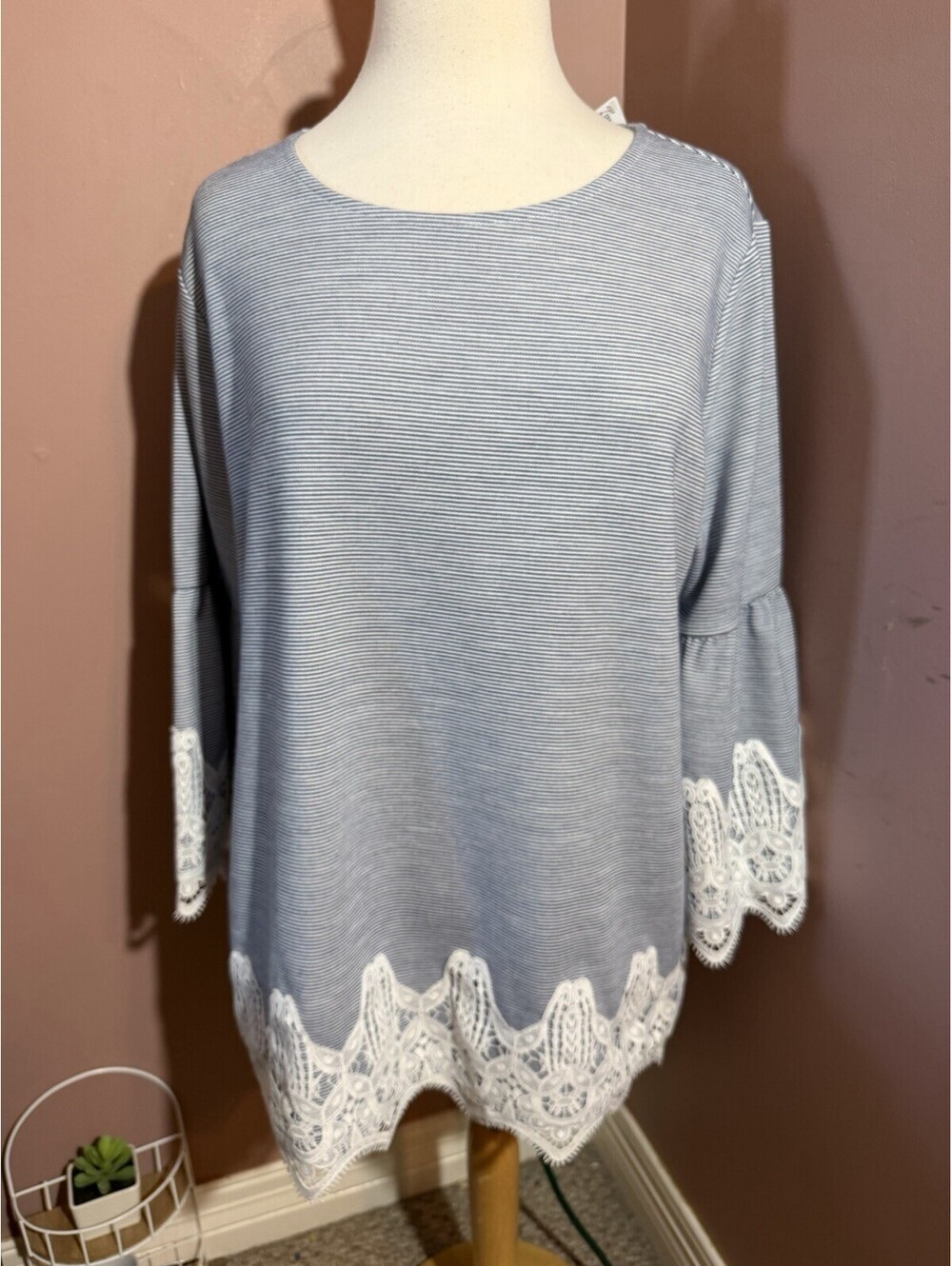 Chicos NWT French Stripe Lace Detail Top Blue 3/4 Sleeve Size 3 (US 16) New